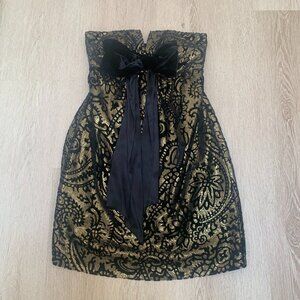 Vintage Betsey Johnson Strapless Black and Gold Jacquard Mini Dress (Size 2)